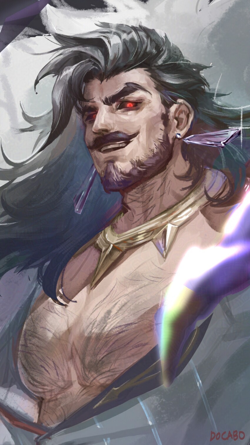 1boy, artist_name, bara, beard, black_hair, cape, chest_hair, close-up