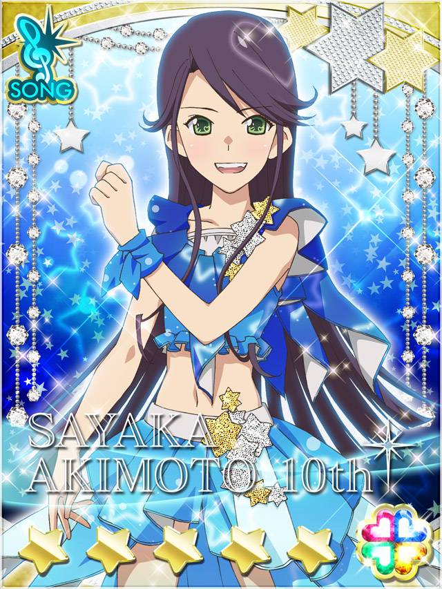 1girl, :d, akb0048, akimoto_sayaka_(akb0048), blue_background, blue_shirt, blue_skirt, card_(medium)