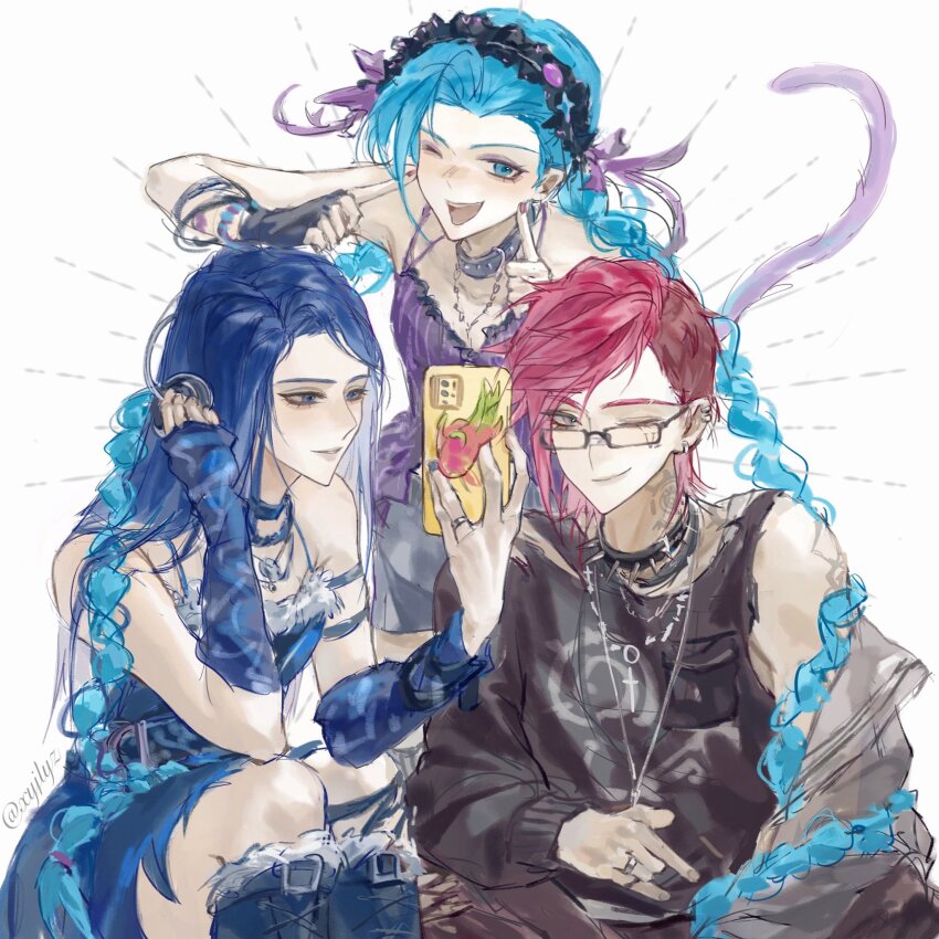 3girls, alternate_costume, bare_shoulders, blue_hair, bow, caitlyn_(league_of_legends), closed_mouth, glasses