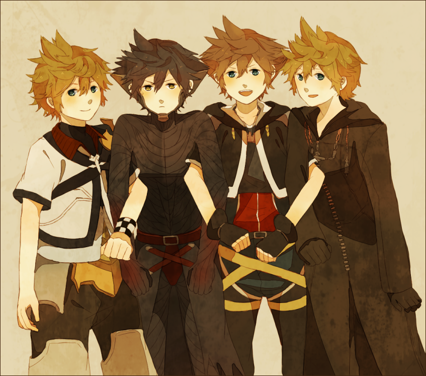 4boys, bad_id, bad_pixiv_id, black_coat_(kingdom_hearts), black_hair, blonde_hair, blue_eyes, brown_hair