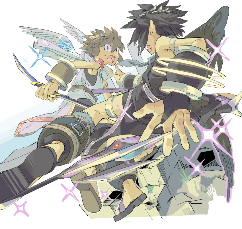 2boys, angel, angel_wings, armlet, belt, black_hair, black_wings, bracer