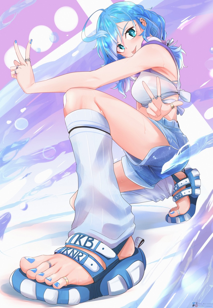 1girl, absurdres, ahoge, armpits, artist_name, bandaid, bare_arms, blue_eyes