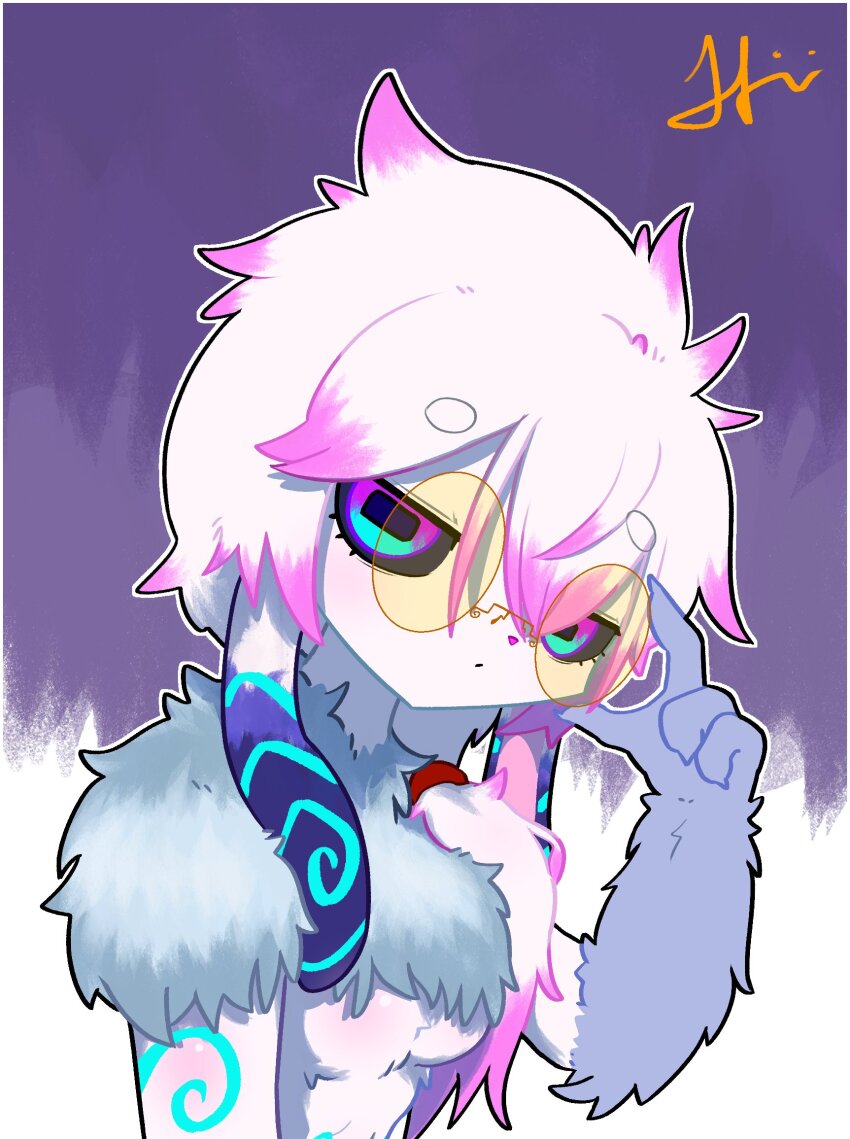 1girl, bespectacled, black_sclera, body_fur, body_markings, border, colored_sclera, colored_skin