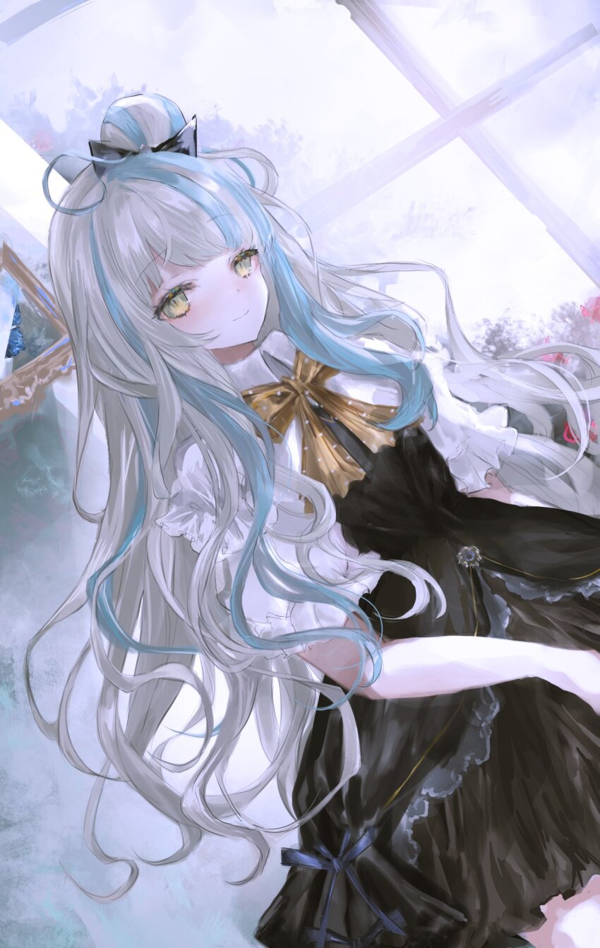 1girl, black_dress, blue_hair, blunt_bangs, bow, brown_ribbon, closed_mouth, collared_shirt