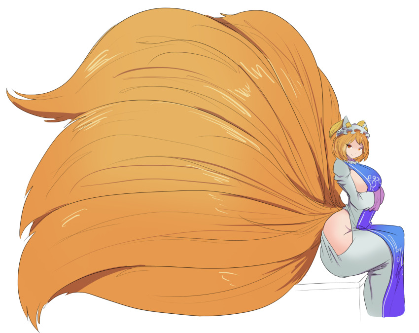 1girl, alternate_hair_color, animal_ears, blue_tabard, breasts, commentary, cowboy_shot, dress