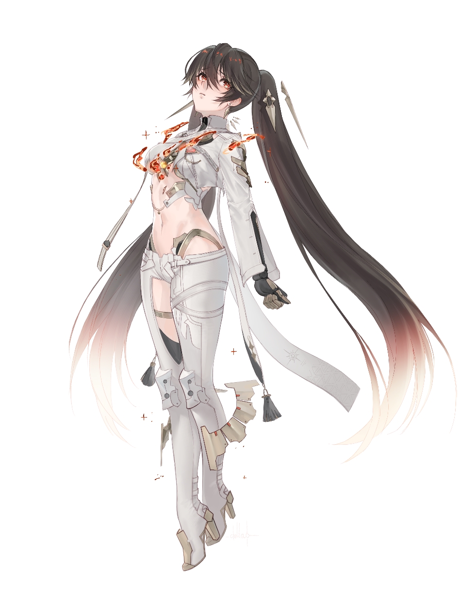 1girl, breasts, deltasonne, fire, full_body, hair_between_eyes, highres, long_hair, lucia:_pyroath_(pgr), lucia_(pgr), mechanical_hands, medium_breasts, multicolored_hair, navel, punishing:_gray_raven, red_eyes, red_streaks, simple_background, solo, twintails, two-tone_hair, white_background