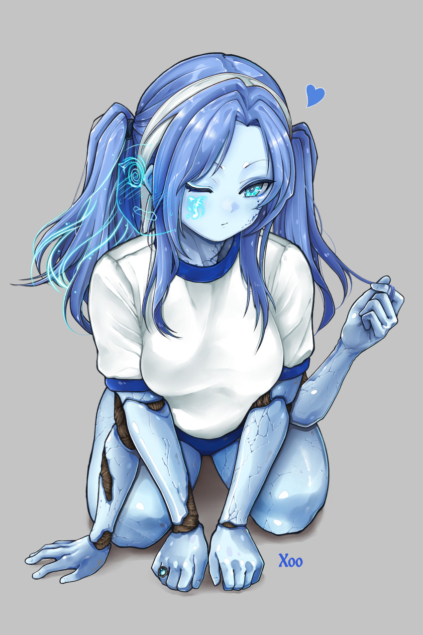 1girl, absurdres, alternate_costume, alternate_hairstyle, artist_name, blue_buruma, blue_eyes, blue_hair, blue_skin, blush, buruma, closed_mouth, colored_skin, commentary_request, cracked_skin, doll_joints, elden_ring, extra_arms, extra_faces, facial_tattoo, glowing, glowing_tattoo, grey_background, gym_shirt, gym_uniform, headband, heart, highres, jewelry, joints, kneeling, long_hair, looking_at_viewer, one_eye_closed, ranni_the_witch, ring, shirt, short_sleeves, simple_background, solo, tattoo, twintails, wedding_ring, white_headband, white_shirt, xoo_(pixiv_100957810)