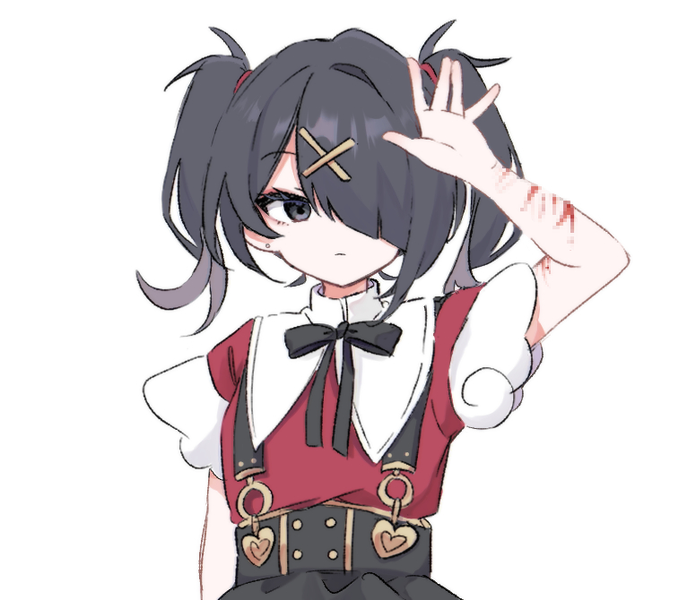 1girl, ame-chan_(needy_girl_overdose), black_eyes, black_hair, black_ribbon, black_skirt, censored, closed_mouth, collared_shirt, commentary_request, cuts, hair_ornament, hair_over_one_eye, hairclip, hand_up, injury, kabe_(zp66104), long_hair, looking_at_viewer, mosaic_censoring, neck_ribbon, needy_girl_overdose, red_shirt, ribbon, scar, scar_on_arm, self-harm, self-harm_scar, shirt, simple_background, skirt, solo, suspender_skirt, suspenders, twintails, upper_body, white_background, wrist_cutting, x_hair_ornament
