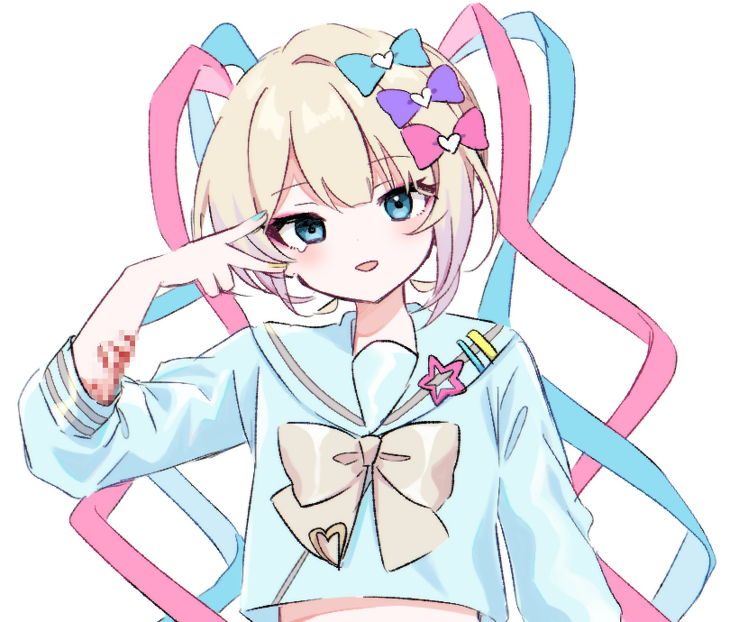 1girl, blonde_hair, blue_bow, blue_eyes, blue_hair, bow, censored, chouzetsusaikawa_tenshi-chan