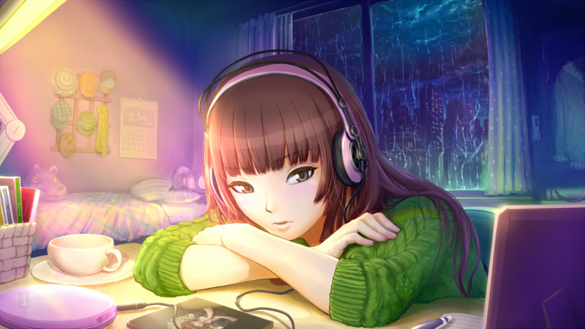 1girl, amagami, brown_eyes, brown_hair, crossed_arms, cup, female_focus, haitaka, headphones, indoors, kamizaki_risa, md5_mismatch, rain, real_life, resolution_mismatch, shiina_ringo, solo, source_smaller, window