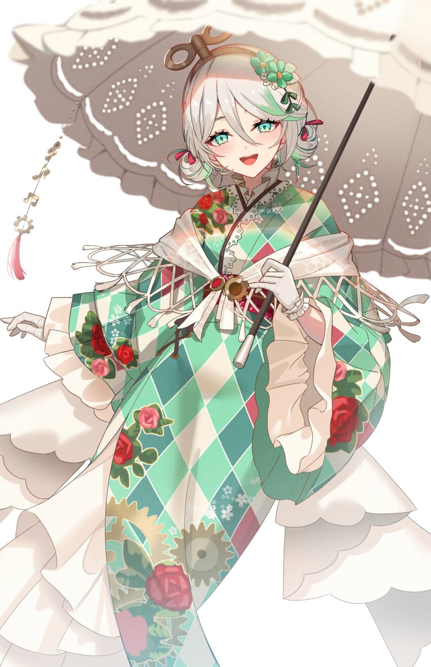 1girl, absurdres, argyle_clothes, argyle_kimono, cecilia_immergreen, cecilia_immergreen_(new_year), clockwork, collar