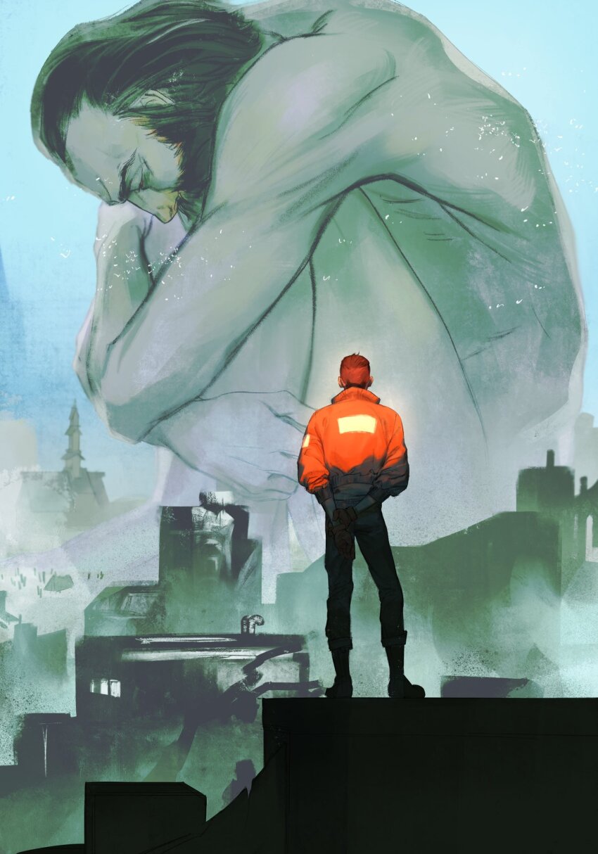 2boys, arms_behind_back, beard, black_gloves, black_hair, black_pants, building, chinese_commentary, city, closed_eyes, commentary_request, completely_nude, disco_elysium, facial_hair, facing_away, fetal_position, giant, giant_male, gloves, harry_du_bois, highres, jacket, kim_kitsuragi, male_focus, multiple_boys, nandesu03, nude, orange_jacket, outdoors, pants, short_hair, size_difference, standing