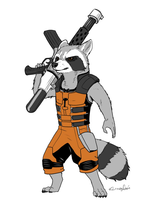 1boy, animal_ears, barefoot, brown_eyes, claws, closed_mouth, commentary, eclipticafusion, english_commentary, furry, furry_male, guardians_of_the_galaxy, gun, holding, holding_gun, holding_weapon, male_focus, marvel, raccoon_boy, raccoon_ears, raccoon_tail, rocket_raccoon, signature, tail, weapon, white_background