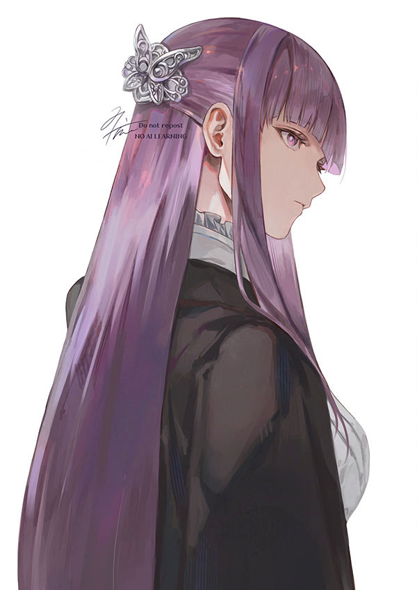 1girl, black_robe, blunt_bangs, breasts, butterfly_hair_ornament, closed_mouth, dress, fern_(sousou_no_frieren), hair_ornament, hair_pulled_back, large_breasts, long_hair, paruteko, purple_eyes, purple_hair, robe, sidelocks, signature, solo, sousou_no_frieren, straight_hair, white_background, white_dress