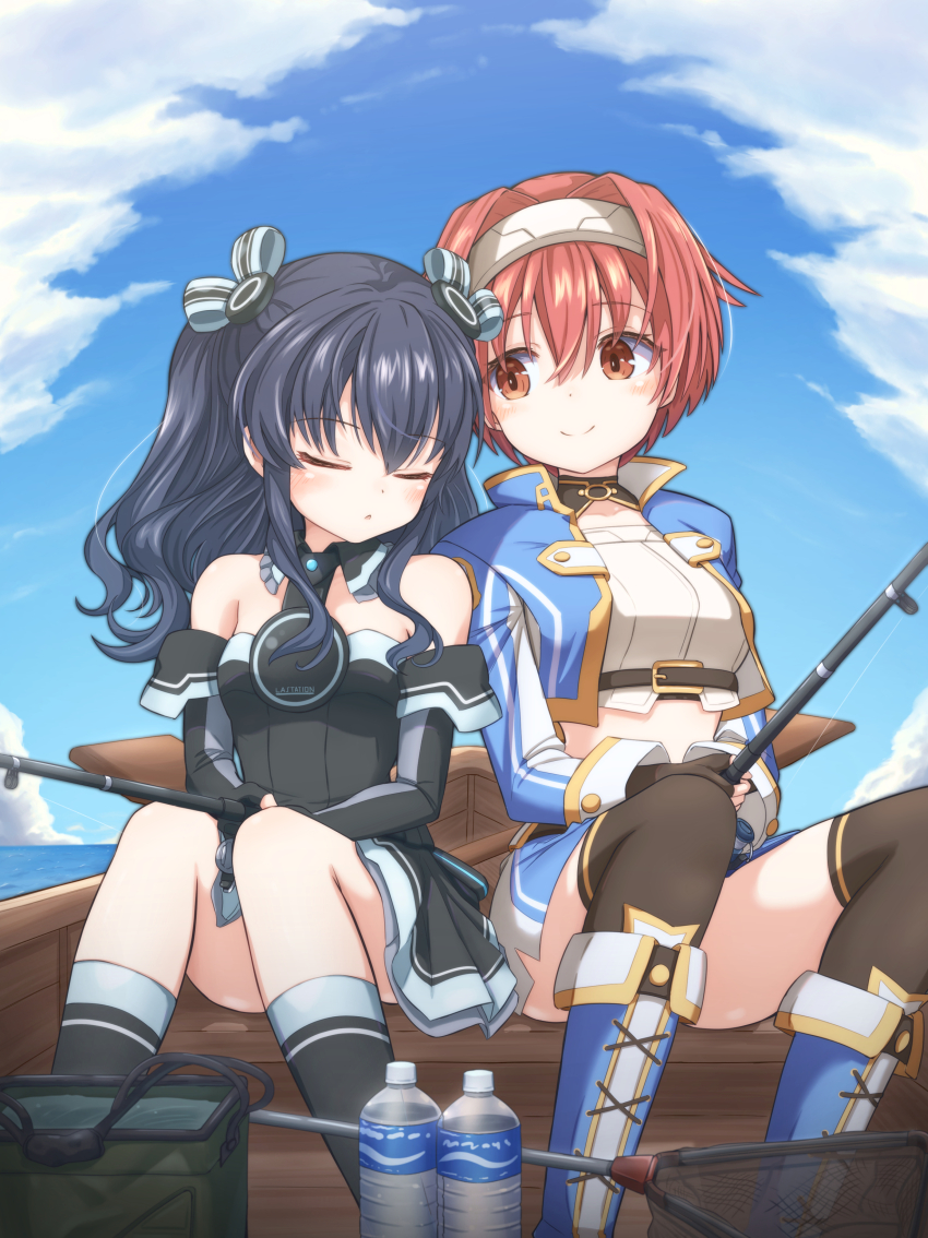 2girls, absurdres, bare_shoulders, black_gloves, black_hair, blue_jacket, blue_sky, bottle