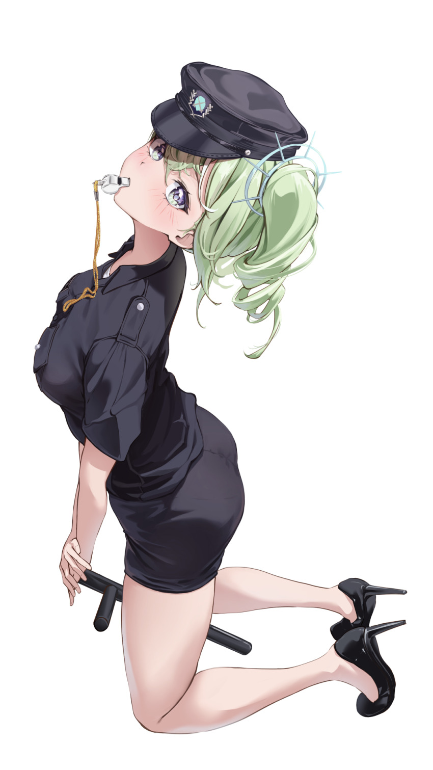 1girl, ass, baton_(weapon), between_thighs, black_footwear, black_hat, black_shirt, black_skirt