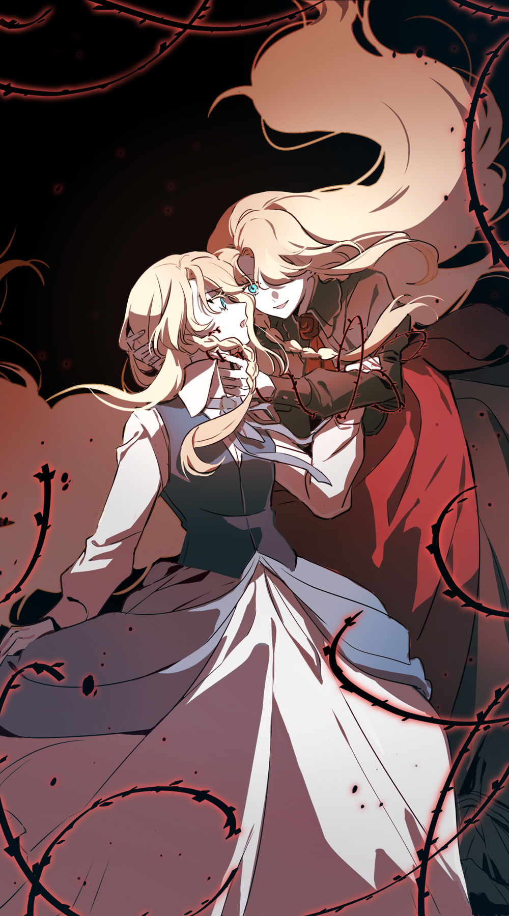 2girls, aurore_lee, black_background, black_dress, blonde_hair, blue_bow, blue_bowtie, blue_eyes, blue_vest, bow, bowtie, braid, brooch, chinese_commentary, circle_of_inevitability, collared_dress, commentary_request, dark_persona, dress, dual_persona, feet_out_of_frame, floating_clothes, floating_hair, flower, flower_brooch, frilled_sleeves, frills, hair_over_one_eye, hands_on_another's_head, high_collar, highres, holding_another's_arm, juliet_sleeves, layered_dress, long_dress, long_hair, long_sleeves, lord_of_the_mysteries, multiple_girls, open_mouth, owenun, puffy_sleeves, red_dress, red_flower, red_rose, rose, scared, sidelocks, single_braid, smile, textless_version, thorns, very_long_hair, vest, white_dress