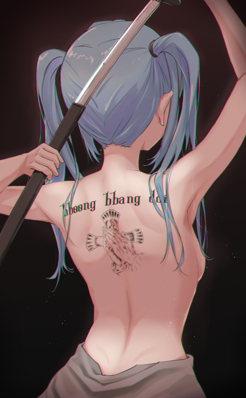 1girl, absurdres, arahashi_tabi, back, back_tattoo, blue_hair, breasts, from_behind