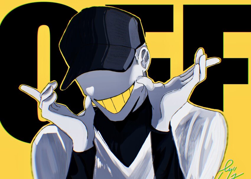 1boy, 3egko, arms_up, baseball_cap, black_shirt, copyright_name, english_text, grin, hat, highres, limited_palette, long_sleeves, male_focus, no_eyes, off_(game), shaded_face, shirt, smile, solo, teeth, the_batter_(off), upper_body, v-neck, white_shirt, yellow_background