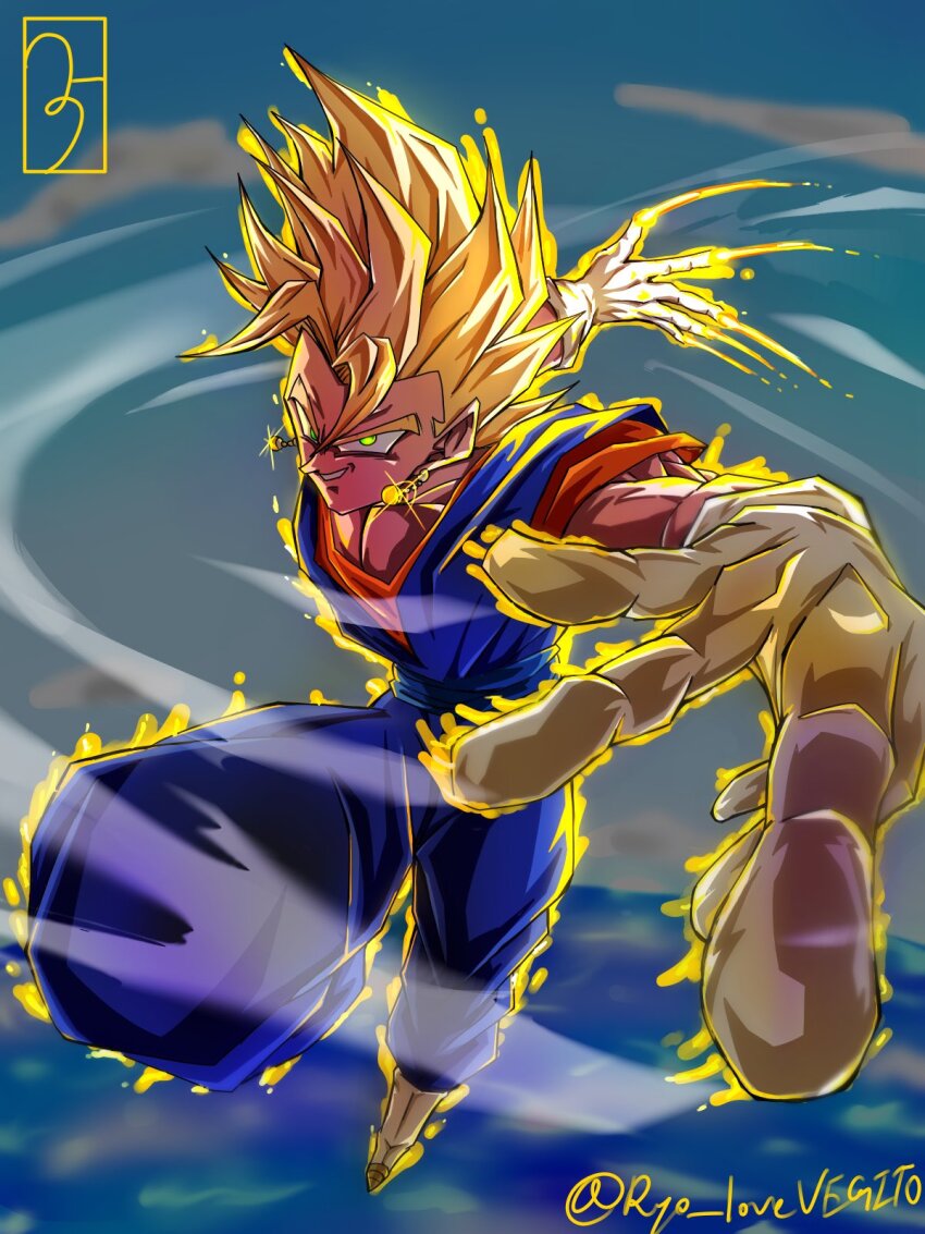 1boy, aura, blonde_hair, blue_pants, blue_sash, blue_shirt, dougi, dragon_ball