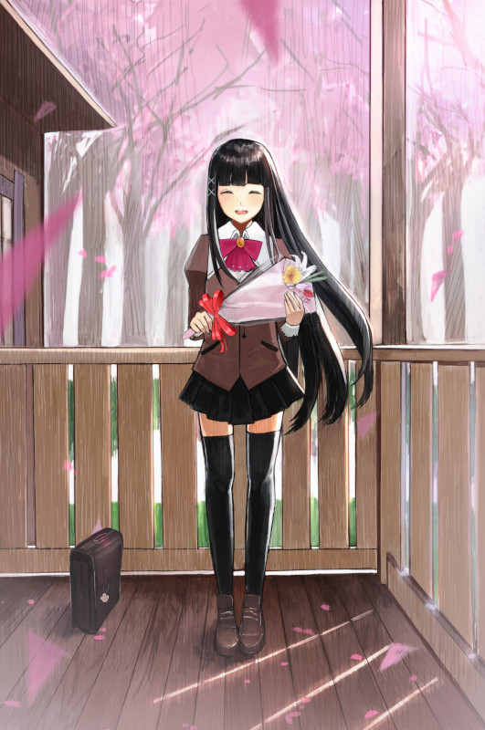 1girl, :d, ^_^, bad_id, bad_pixiv_id, bag, black_hair, black_thighhighs