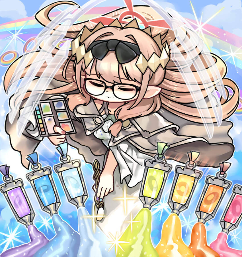 1girl, blue_archive, brown_cape, brown_hair, cape, chibi, chinatsu_(blue_archive), closed_eyes