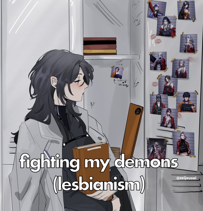 000_(path_to_nowhere), adela_(path_to_nowhere), angell_(path_to_nowhere), artist_name, black_hair, black_shirt, book, chief_(path_to_nowhere), cinnabar_(path_to_nowhere), coat, coat_on_shoulders, collared_shirt, commentary, du_ruo_(path_to_nowhere), eleven_(path_to_nowhere), english_commentary, english_text, female_chief_(path_to_nowhere), hamel_(path_to_nowhere), highres, holding, holding_book, lipstick_mark, locker, long_hair, long_sleeves, nightingale_(path_to_nowhere), path_to_nowhere, photo_(object), rahu_(path_to_nowhere), seijousai, shalom_(path_to_nowhere), shawn_(path_to_nowhere), shirt, sumire_(path_to_nowhere), white_coat, zoya_(path_to_nowhere)