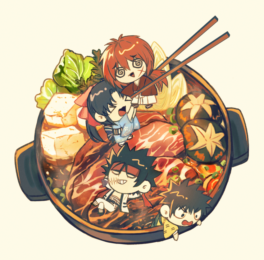 >_<, 1girl, 3boys, @_@, beef, black_hair, blue_kimono, brown_hair