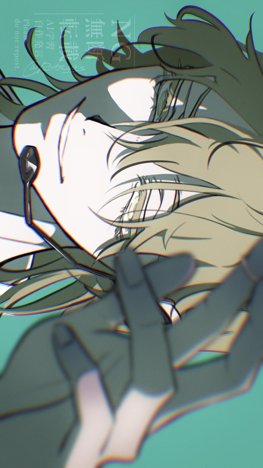 1boy, alien_stage, aqua_background, blonde_hair, closed_mouth, colored_eyelashes, commentary, hand_up, hashtag-only_commentary, headset, highres, luka_(alien_stage), male_focus, microphone, rotsurs, sideways, simple_background, smile, solo, watermark, yellow_eyes