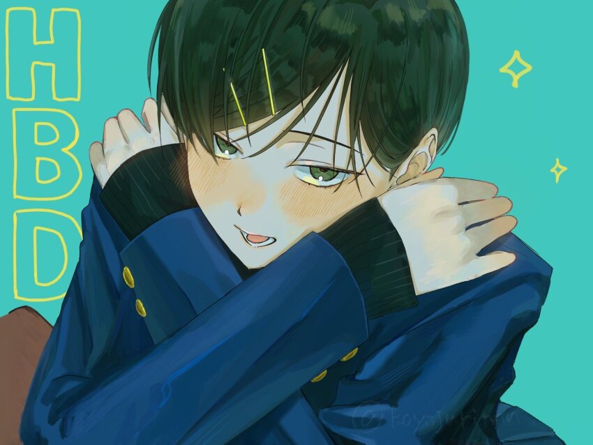 1girl, :d, aqua_background, birthday, black_sweater, blazer, blue_jacket, commentary, crossed_arms, futsuu_no_keion-bu, green_eyes, green_hair, hair_ornament, hairpin, happy_birthday, head_rest, jacket, kouyama_rin, long_sleeves, looking_at_viewer, looking_up, open_mouth, pixie_cut, school_uniform, self_hug, short_hair, simple_background, sinyojurn, sleeves_past_wrists, smile, solo, sparkle, sweater, swept_bangs, teeth, twitter_username, upper_body