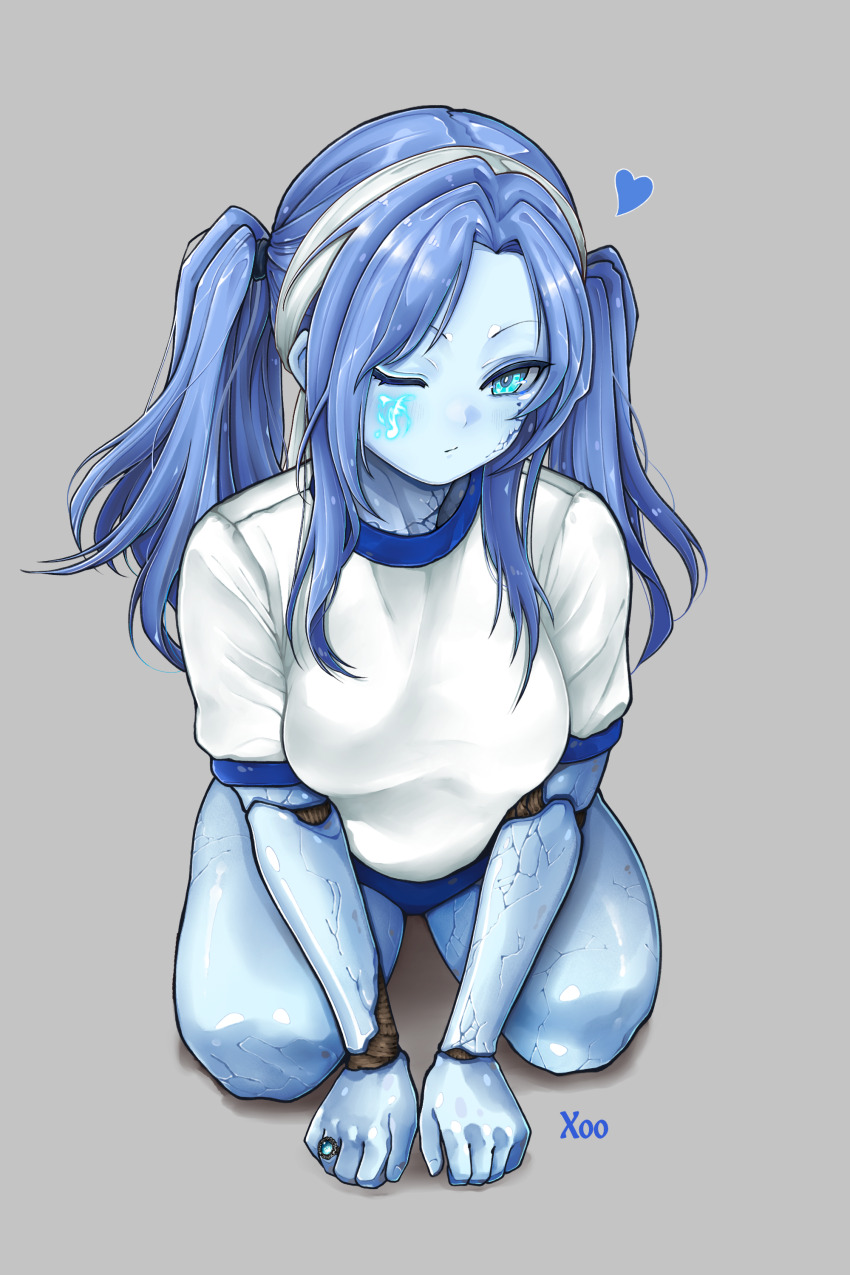 1girl, absurdres, alternate_costume, alternate_hairstyle, artist_name, blue_buruma, blue_eyes, blue_hair