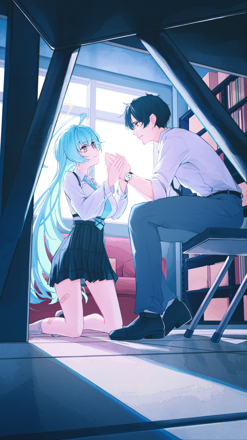 1boy, 1girl, absurdres, aqua_hair, bandaid, bandaid_on_leg, bandaid_on_thigh, belt