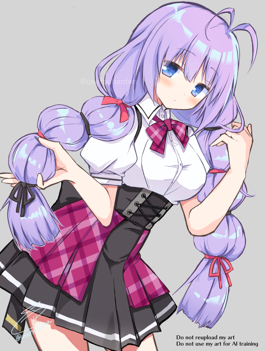 1girl, antenna_hair, black_ribbon, black_skirt, blue_eyes, blush, bow, bowtie