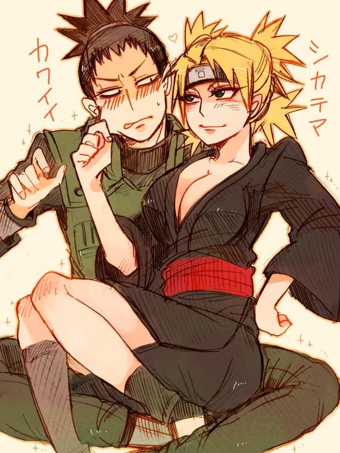 1boy, 1girl, black_hair, black_headband, black_kimono, black_pants, blonde_hair, blush, breasts, cleavage, closed_mouth, collarbone, commentary_request, couple, crossed_legs, flak_jacket, forehead_protector, green_eyes, green_jacket, hair_up, hand_on_own_hip, hand_up, headband, high_ponytail, huge_breasts, jacket, japanese_clothes, kimono, knees_together_feet_apart, konohagakure_shinobi_uniform, konohagakure_symbol, light_smile, long_sleeves, looking_at_another, looking_down, looking_to_the_side, looking_up, nara_shikamaru, naruto_(series), naruto_shippuuden, ninja, open_mouth, pants, parted_bangs, ponytail, quad_tails, red_sash, sash, shaded_face, simple_background, sitting, sitting_on_person, sketch, spiked_hair, sunagakure_symbol, sweatdrop, temari_(naruto), tenmitsu, wide_sleeves, yellow_background