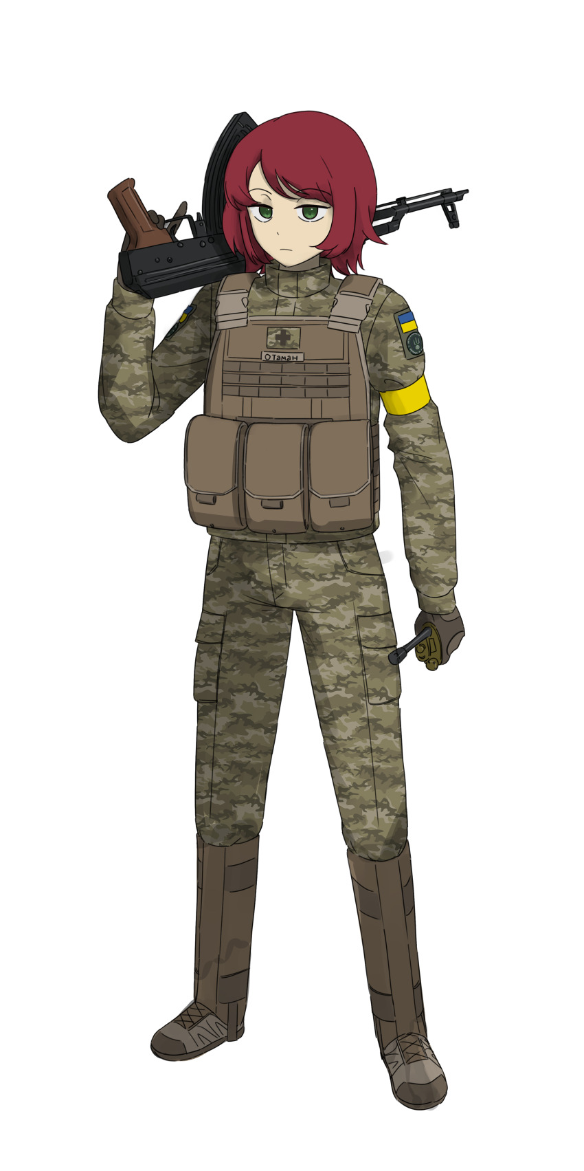 1boy, absurdres, aks-74u, ammunition_pouch, armband, assault_rifle, black_cat03, black_gloves