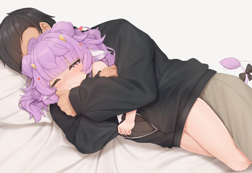 1boy, 1girl, absurdres, animal_ears, bare_legs, bare_shoulders, black_hair, blush, cow_ears, cow_girl, cow_horns, double_bun, hair_bun, heart, hetero, high-waist_skirt, highres, horns, hug, hug_from_behind, long_hair, mole, mole_on_thigh, mole_under_mouth, muu_muyu, nose_blush, one_eye_closed, phase_connect, pink_eyes, purple_hair, shared_clothes, shared_jacket, skirt, sleepypudding, spooning, tail, tail_wagging, virtual_youtuber, yellow_horns
