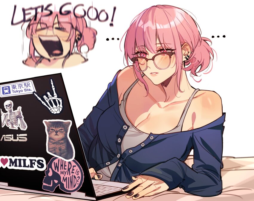 ..., 1girl, alternate_costume, amlichan, at_computer, black_nails, blue_sweater, blush