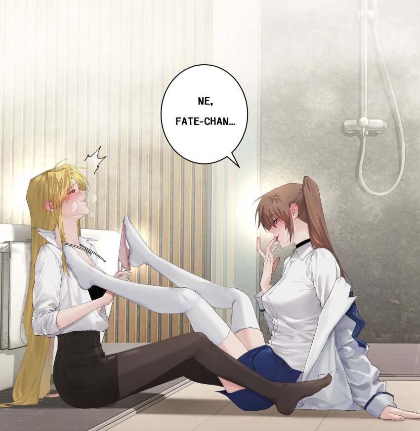 2girls, absurdres, assertive_female, black_bra, black_skirt, blonde_hair, blue_skirt, blush, bra, brown_hair, collared_shirt, commentary, fate_testarossa, finger_to_own_chin, highres, kaichan2536, long_hair, lyrical_nanoha, mahou_shoujo_lyrical_nanoha_strikers, mahou_shoujo_lyrical_nanoha_vivid, multiple_girls, naughty_face, panties, panties_around_leg, pantyhose, pink_panties, shirt, shower_head, skirt, speech_bubble, takamachi_nanoha, thighhighs, tsab_air_military_uniform, tsab_executive_military_uniform, underwear, very_long_hair, white_shirt, white_thighhighs, yuri, zettai_ryouiki