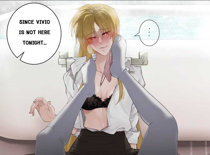 2girls, bathroom, bathtub, black_bra, black_skirt, blonde_hair, blush, bra