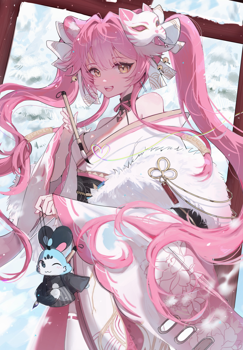 1girl, absurdres, animal_ear_fluff, animal_ears, bell, blunt_bangs, bow, breasts