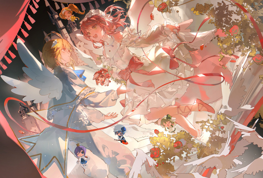 2boys, 5girls, absurdres, ahoge, alternate_costume, angel_wings, apron, baggy_pants