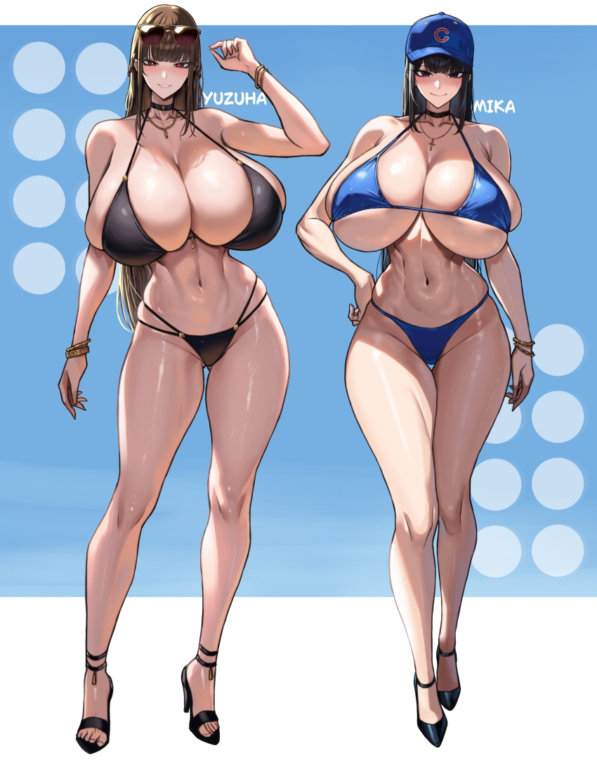 2girls, absurdres, ankle_strap, arm_at_side, arm_up, backlighting, bare_arms, bare_legs, bare_shoulders, bikini, black_bikini, black_choker, black_eyes, black_footwear, black_hair, blue_background, blue_bikini, blue_hat, bracelet, breasts, bright_pupils, brown_hair, character_name, choker, cleavage, collarbone, commentary, cross, cross_necklace, curvy, d'orsay_heels, eyewear_on_head, full_body, gluteal_fold, groin, halterneck, hand_on_own_hip, hat, high_heels, highres, huge_breasts, jewelry, katsuragi_mika, katsuragi_yuzuha, long_hair, long_legs, looking_at_viewer, multi-strapped_bikini_bottom, multiple_girls, navel, necklace, original, red_eyes, shoes, sidelighting, skindentation, smile, standing, stomach, sunglasses, swimsuit, thighs, two-tone_background, underboob, very_long_hair, white_background, white_pupils, wide_hips, wolffeld_price