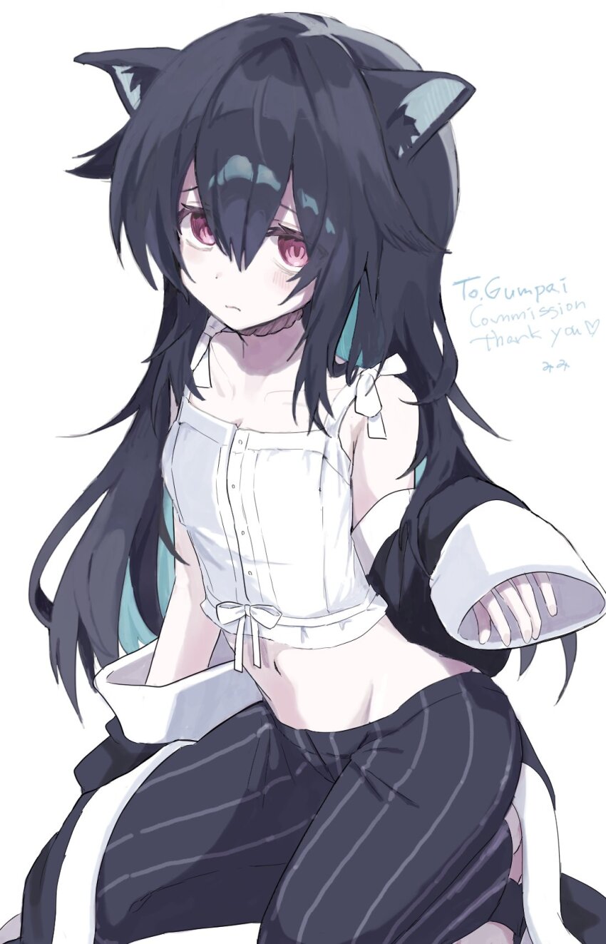 0lnzr, 1girl, animal_ears, aqua_hair, black_hair, black_pants, closed_mouth, colored_inner_hair, commission, dog_ears, dog_girl, gumpai, highres, indie_virtual_youtuber, long_hair, looking_at_viewer, multicolored_hair, navel, pants, purple_eyes, rope_choker, second-party_source, shirt, simple_background, skeb_commission, solo, striped_clothes, striped_pants, two-tone_hair, virtual_youtuber, white_background, white_shirt