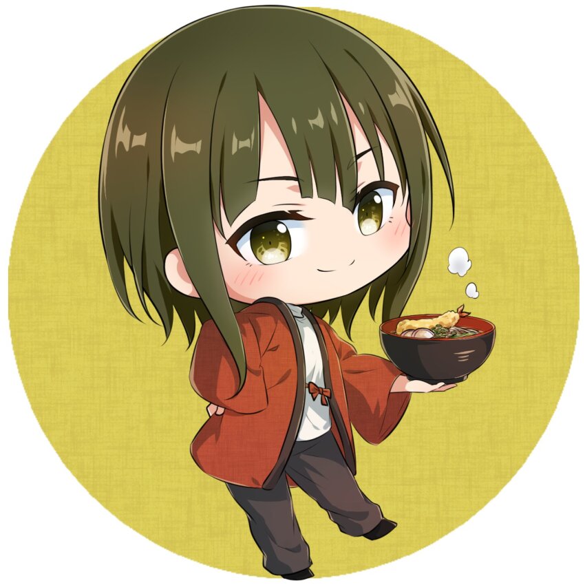 1girl, black_pants, black_shoes, blush, bowl, brown_eyes, brown_pants, chibi