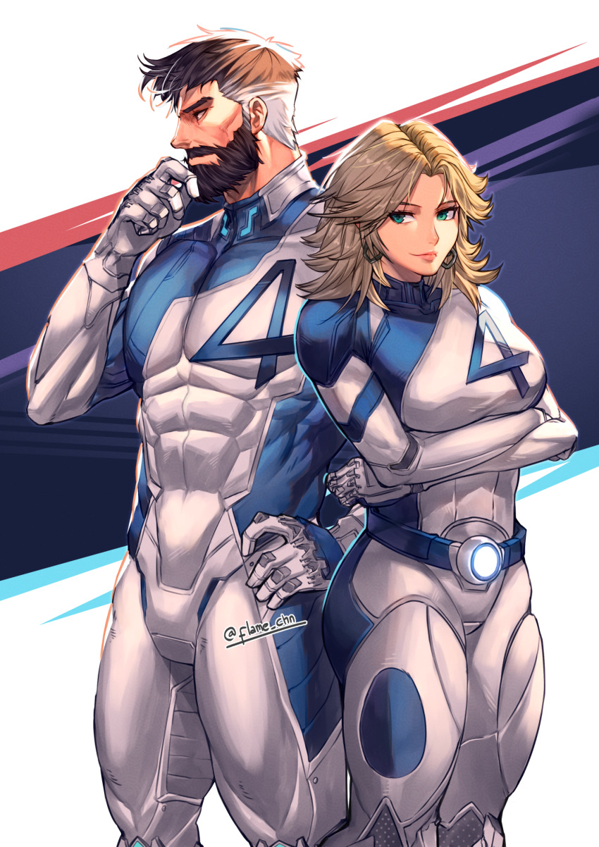 1boy, 1girl, blonde_hair, blue_eyes, bodysuit, breasts, brown_hair, earrings, facial_hair, fantastic_four, flamechamp10n, gloves, green_eyes, grey_hair, hand_on_own_hip, highres, husband_and_wife, jewelry, long_hair, looking_at_viewer, marvel, marvel_rivals, multicolored_bodysuit, muscular, reed_richards, short_hair, smile, standing, sue_storm, superhero_costume, thighs, twitter_username, two-tone_bodysuit, wavy_hair, white_background, white_bodysuit