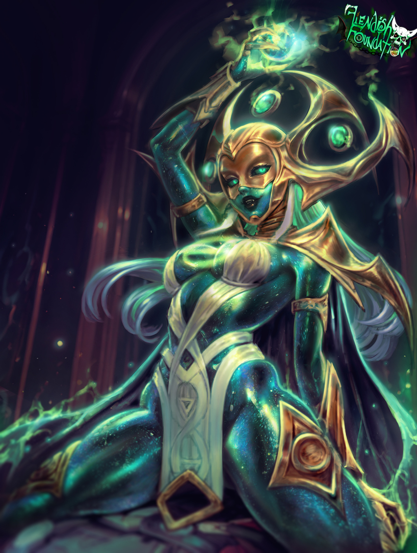 1girl, artist_name, black_lips, breasts, colored_skin, fake_horns, fiendishfoundation, glowing, glowing_eyes, gold_helmet, green_eyes, green_skin, hela_(empress_of_the_cosmos)_(marvel), hela_(marvel), hela_(marvel)_(empress_of_the_cosmos), helmet, highres, horned_helmet, horns, large_breasts, long_hair, magic, marvel, marvel_rivals, official_alternate_costume, pelvic_curtain, solo, starry_skin