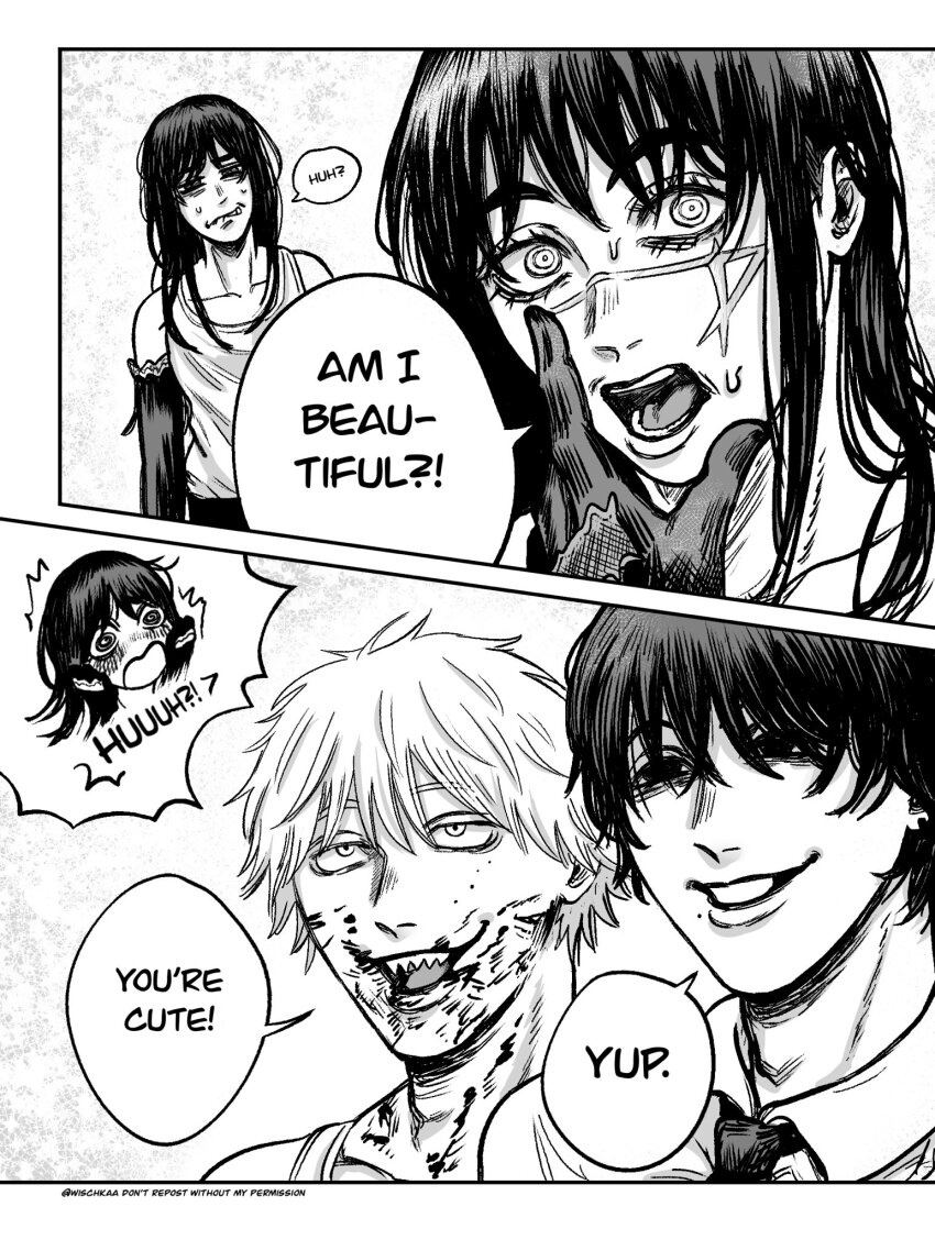 2boys, 2girls, blood, blood_on_face, blush, chainsaw_man, collared_shirt, denji_(chainsaw_man), elbow_gloves, english_text, facial_scar, gloves, greyscale, highres, long_hair, mitaka_asa, monochrome, multiple_boys, multiple_girls, necktie, ringed_eyes, scar, scar_on_cheek, scar_on_face, sharp_teeth, shirt, short_hair, speech_bubble, tank_top, teeth, wischkaa, yoru_(chainsaw_man), yoshida_hirofumi