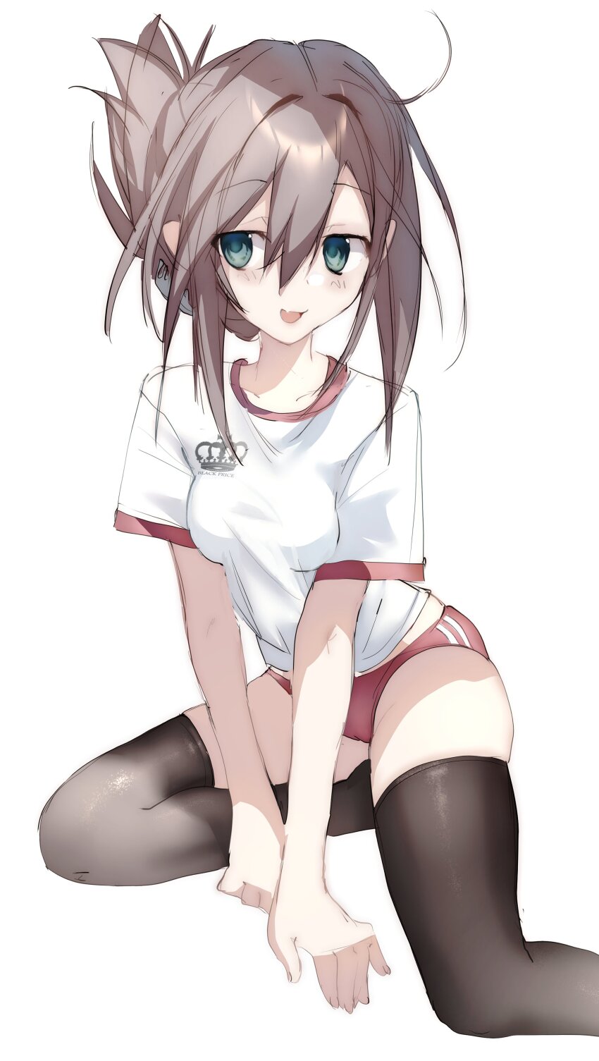 1girl, :d, absurdres, alternate_costume, arm_support, black_thighhighs, brown_hair, buruma
