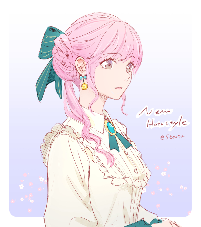 1girl, a_beautiful_day_(infinity_nikki), artist_name, blue_bow, blunt_bangs, border, bow, bow_earrings, brooch, brown_eyes, buttons, chinese_commentary, closed_mouth, collared_shirt, commentary, commentary_request, earrings, english_commentary, english_text, eyelashes, floral_background, frilled_shirt, frills, gradient_background, green_bow, green_ribbon, hair_bow, hair_bun, hair_over_shoulder, hands_on_lap, highres, infinity_nikki, jewelry, long_hair, long_sleeves, looking_ahead, mixed-language_commentary, neck_ribbon, nikki_(nikki), nikki_(series), outside_border, own_hands_together, pink_hair, ponytail, puffy_long_sleeves, puffy_sleeves, purple_background, ribbon, shirt, single_side_bun, smile, solo, sphere_earrings, steria, striped_bow, upper_body, wavy_hair, white_border, white_shirt