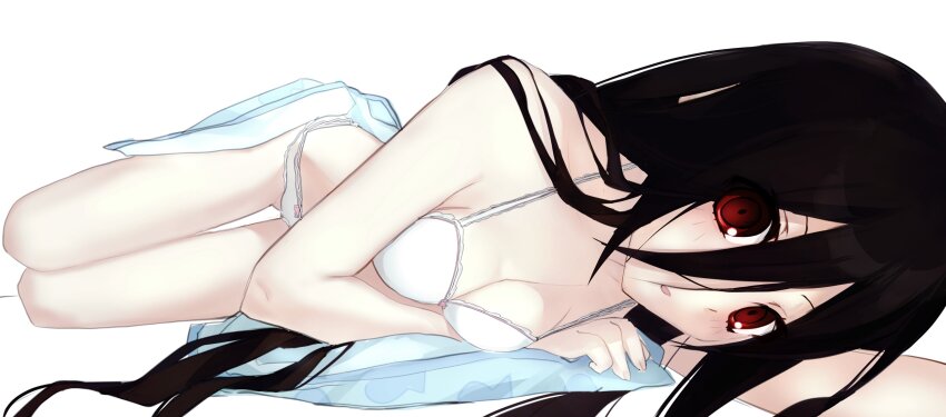 1girl, absurdres, bare_shoulders, black_hair, blush, bra, breasts, cleavage